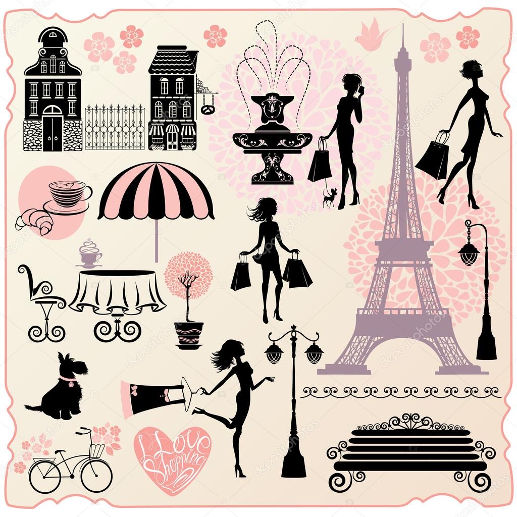 Set for fashion or retail design - Effel Tower, houses, heart wi