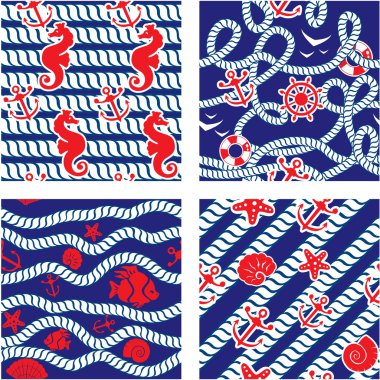 Set of Seamless nautical patterns on blue background with rope,  clipart