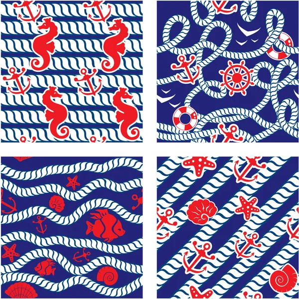 Set of Seamless nautical patterns on blue background with rope, — Stock Vector