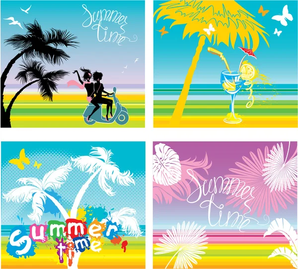 Set of summer, travel and vacations pictures - silhouettes of gi — Stock Vector