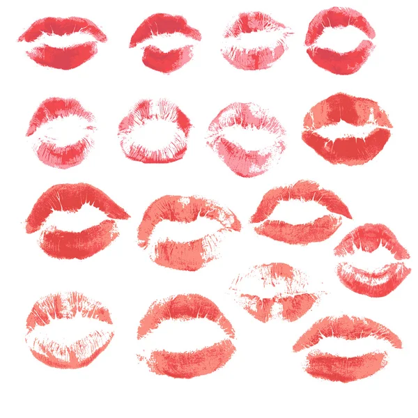 Set of beautiful red lips print on isolated white background — Stock Vector