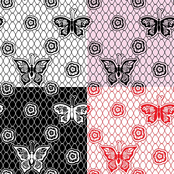 Conjunto de patrones sin costura de encaje con mariposas - diseño de tela — Archivo Imágenes Vectoriales