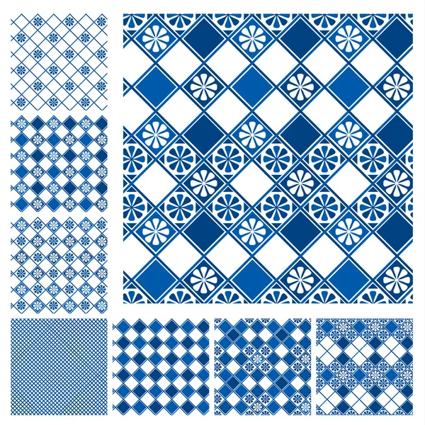 Conjunto de patrones sin costura - azulejos de cerámica azul con ornam floral — Archivo Imágenes Vectoriales