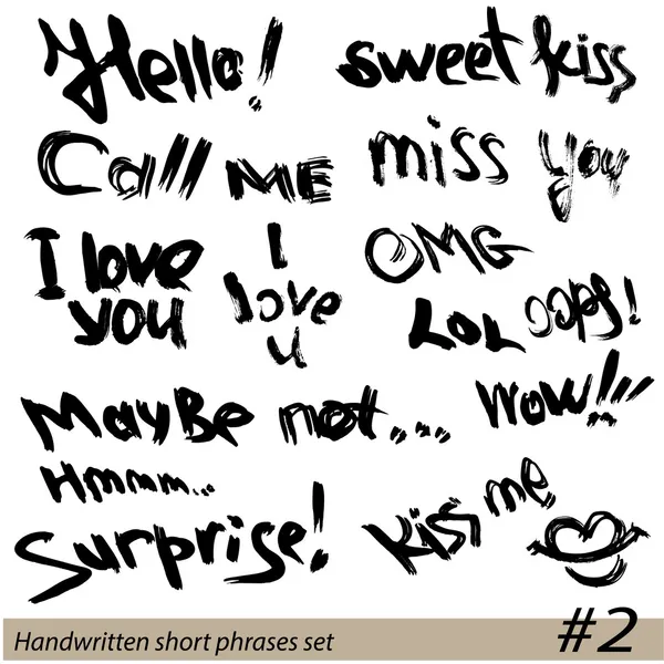 Set de frases cortas manuscritas HELLO, KISS ME, I LOVE YOU, SU — Vector de stock