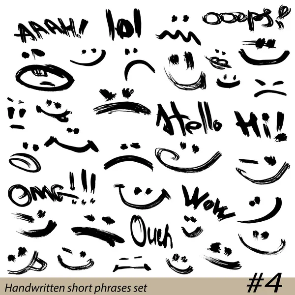 Set of Hand written short phrases and smiley faces in grunge sty — Stock Vector