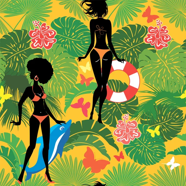 Nahtloses Muster mit Frauensilhouette in Bikini-Badebekleidung bei tro — Stockvektor