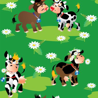 Seamless pattern with cute cartoon cows on green background. Rea clipart