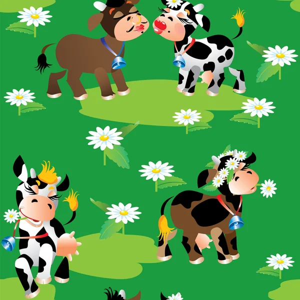 Modello senza soluzione di continuità con simpatiche mucche dei cartoni animati su sfondo verde. Rea. — Vettoriale Stock