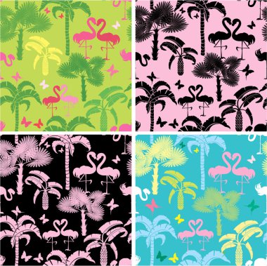 palmiye ağaçları, kelebekler ve flamin ile sorunsuz desenleri