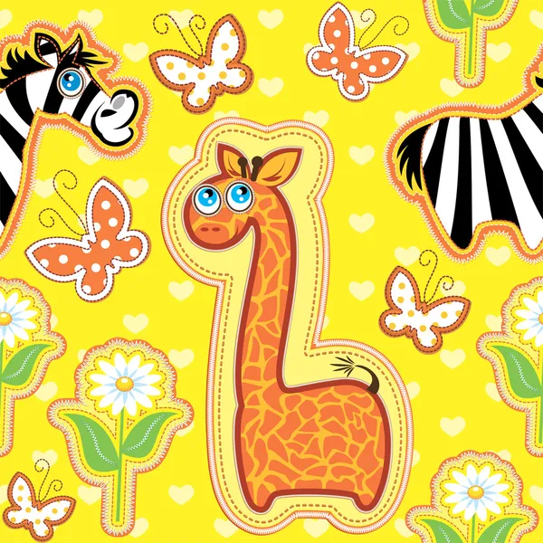 Seamless pattern with cartoon animals - giraffe and zebra - hand — Stock Vector