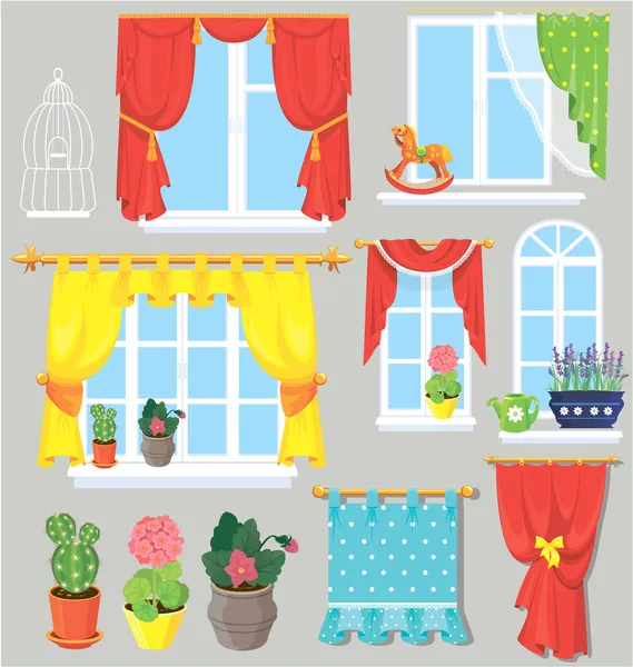 Set of windows, curtains and flowers in pots. Elements for inter — Stock Vector