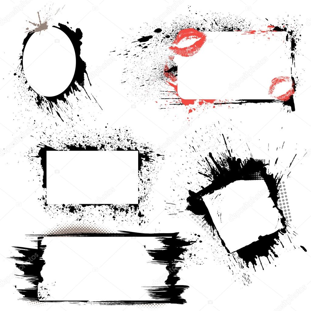 Set of frames - black blots and ink splashes. Abstract elements 