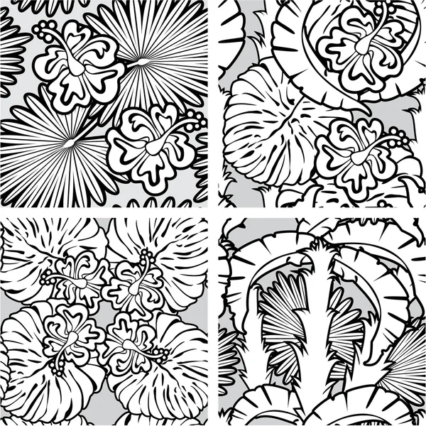 Set of seamless patterns with palm trees leaves and Frangipani f — Stock Vector