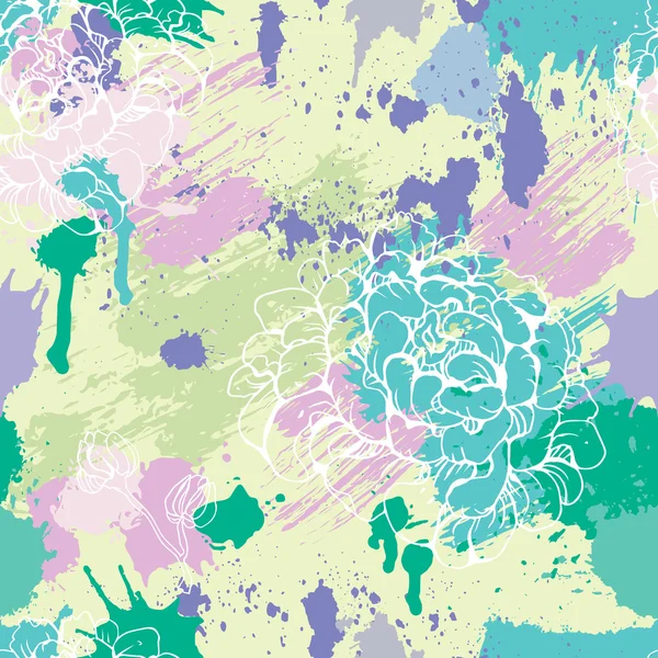 Seamless pattern with blots, ink splashes and hand drawn flowers — Stock Vector