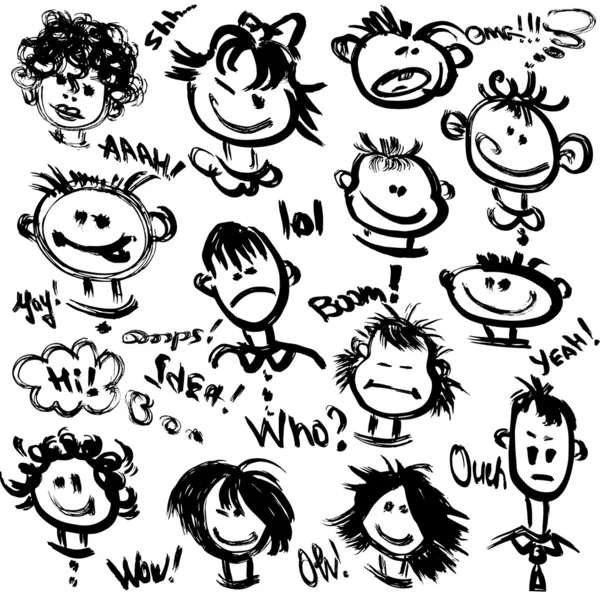 Набор мультфильмов лица с различными эмоциями. Рисунки от руки — стоковый вектор