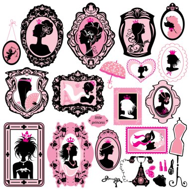 Set of glamour girl portraits  - black silhouettes. Princess acc clipart