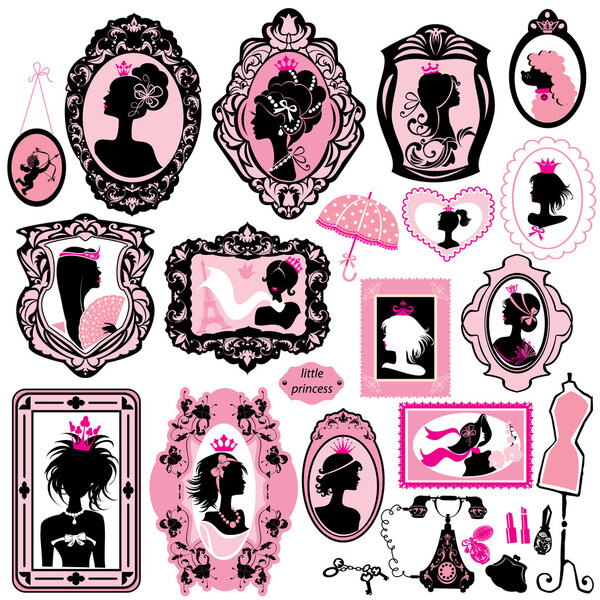 Set of glamour girl portraits  - black silhouettes. Princess acc