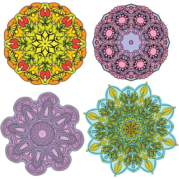 Set of 4 colorful round ornaments, kaleidoscope floral patterns. — Stock Vector