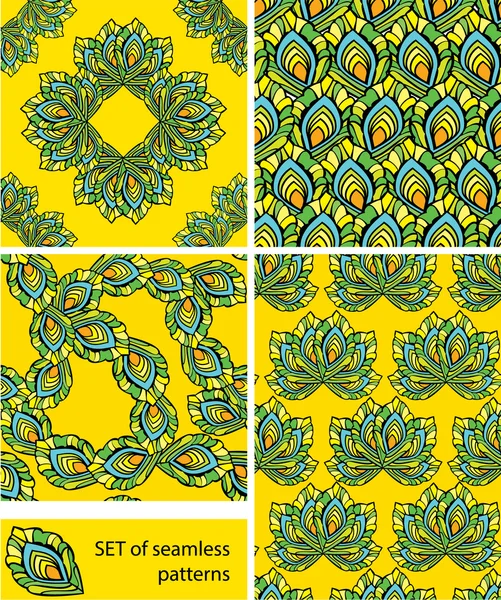 Conjunto de patrones sin costura - adornos están hechos de pluma de pavo real — Archivo Imágenes Vectoriales