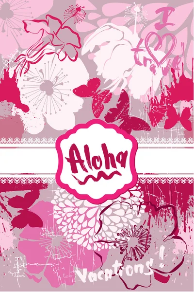 Vertical Card in grunge style with handwritten text ALOHA, VACAT — Stock Vector
