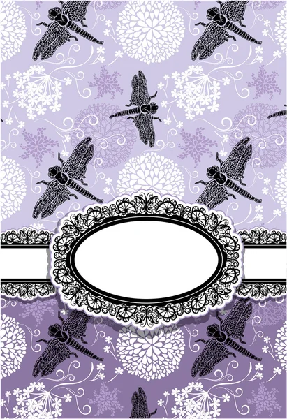 Vertical Card with flowers and dragonfly. Oval lace frame. — Stock Vector