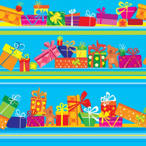 Seamless pattern with colorful gift boxes, presents and teddy be — Stock Vector