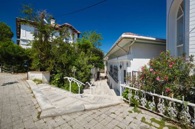 Adadaki dar sokaklar. Çiçekler, ağaçlar ve beyaz evler. Büyükşehir, Adalar, Prens Adaları, İstanbul, Türkiye