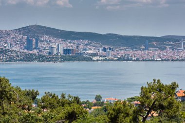 Çam ormanı, deniz ve büyük şehir manzarası. Adalar 'a Seyahat, Prens Adaları, İstanbul 