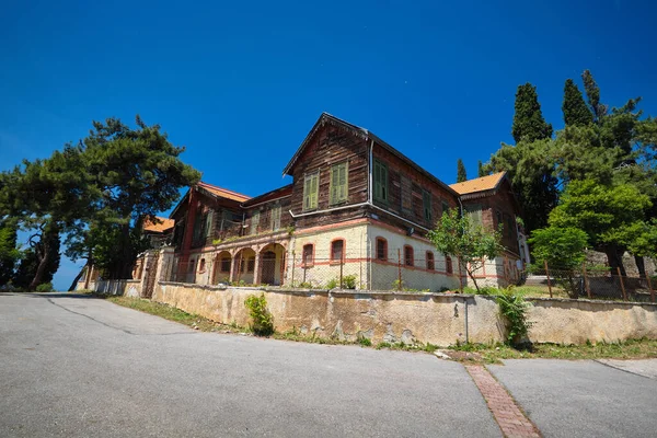 Uma Antiga Casa Feita Pedra Madeira Árvores Pinheiros Crescem Nas — Fotografia de Stock