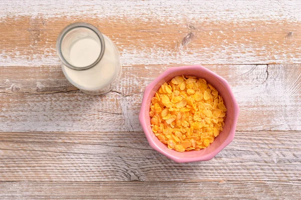 Bowl Corn Flakes Bottle Milk — Stock Photo, Image