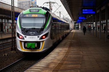 Train at the station in Warsaw Stadion, Poland.
