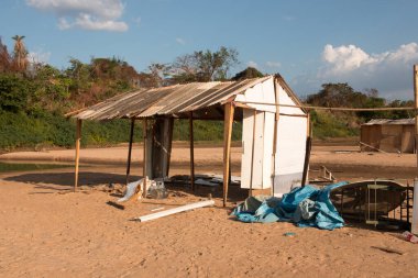 Imperatriz, Maranhao, Brezilya, 12 Eylül 2021: Geçici Barakalar Cacau Sahili 'nde inşa edilmiştir diğer adıyla Rio Tocantins' de geçici mutfak olarak kullanılan Praia do Cacau 