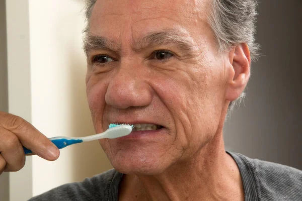 Mature Man Brushing His Teeth Worn Out Tooth Brush — Stock Photo, Image