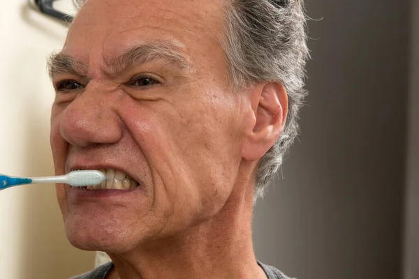 Mature Man Brushing His Teeth Worn Out Tooth Brush — Stock Photo, Image