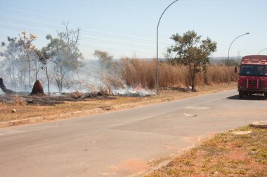 Brasilia, Brazil, July, 26 2022: A brush fire near the Karriri-Xoco and Tuxa Indian Reservation in the Northwest section of Brasilia, Brazil