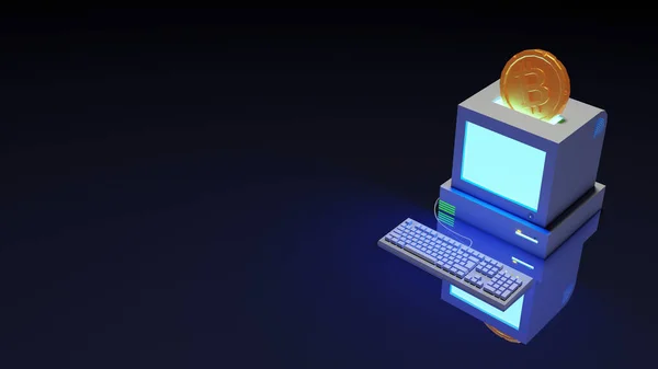 比特币加密货币金钱币在皮吉银行以计算机的形式在黑暗梯度背景下坠落 加密货币备份与文本的自由空间 3D渲染 — 图库照片