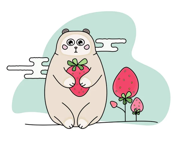 Cute Bear Hugs Strawberry Sitting Nearby Strawberry Trees — Stock Vector