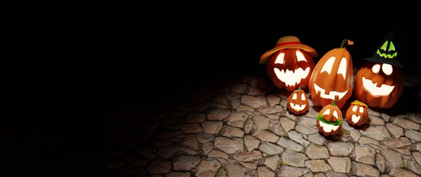 Cadılar Bayramı Komik Feneri Jack Pumpkins Paving Stones Fonu Nda — Stok fotoğraf