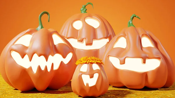 Halloween Funny Lantern Jack Dýně Gradientem Pozadí Slámy Podlaze Vykreslování — Stock fotografie