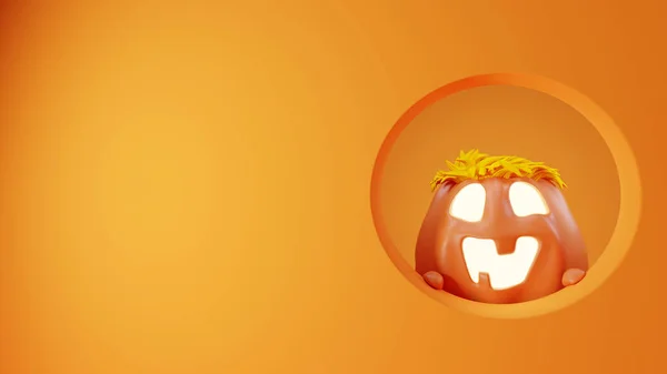 Halloween Funny Lantern Jack Pumpkin Peeking Out Wall Rendering — Stock Photo, Image