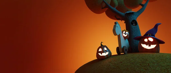 Halloween Engraçado Lanterna Jack Abóbora Sentado Brinquedo Cavalo Madeira Sob — Fotografia de Stock