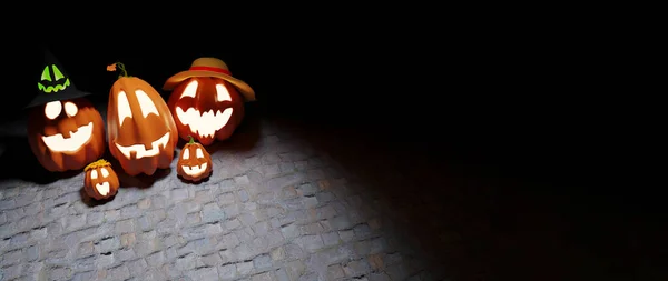 할로윈 Funny Lantern Jack Pumpkins Paving Stones Background 프린팅 — 스톡 사진