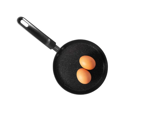 Сковородка Яйцами Изолированными Белом Фоне Один Символов Brekfast Кулинария Кухонные — стоковое фото