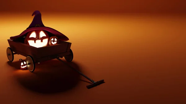 Halloween Engraçado Lanterna Jack Abóbora Sentado Pouco Vagão Madeira Renderização — Fotografia de Stock