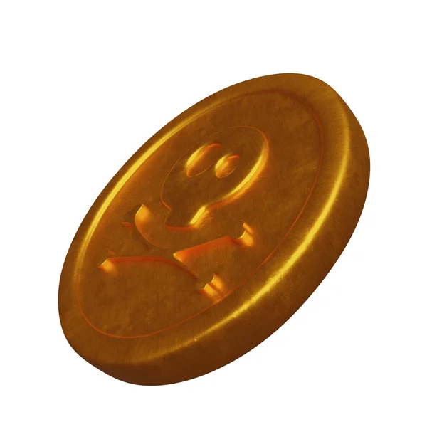 頭蓋骨と骨として海賊サイン付きの黄金のコイン 3Dイラスト 白地に隔絶 — ストック写真