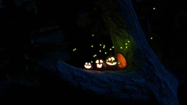 Halloween Vicces Lámpás Jack Pumpkin Tölgyfa Branch Lit Szentjánosbogár Hold — Stock Fotó