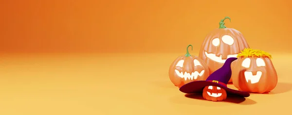 ハロウィーンの面白いランタンオレンジグラデーションの背景にジャック パンプキンス 3Dからのレンダリング — ストック写真