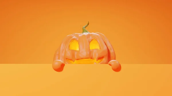 Halloween Engraçado Lanterna Jack Abóbora Espreitando Por Trás Parede Renderização — Fotografia de Stock