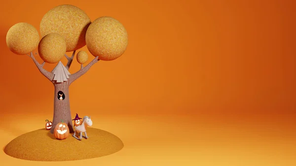 Halloween Funny Lantern Jack Pumpkin Sitzt Auf Holz Einhorn Spielzeug — Stockfoto