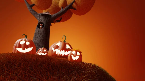 Cadılar Bayramı Komik Feneri Jack Balkabağı Sonbahar Ağacı Altında Boyuttan — Stok fotoğraf